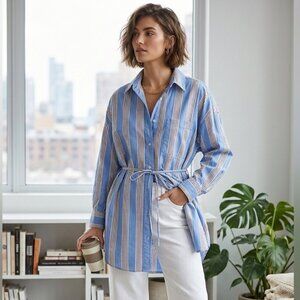 Everlane Blue and White Striped Long Sleeve Tie-Waist Shirt Dress